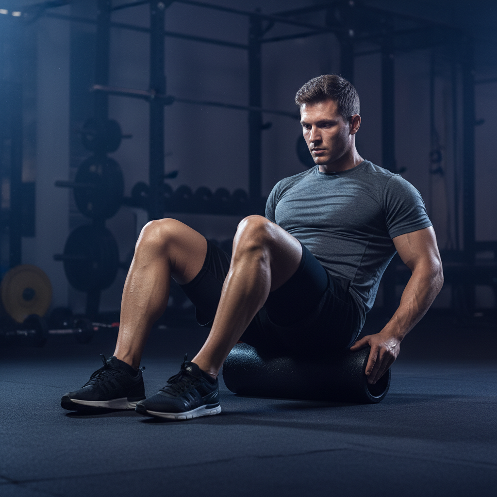 Homme utilisant le foam roller sur les mollets